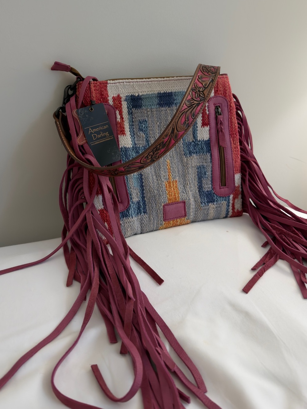 American Darling Fringed Woven Crossbody Bag in Pink and Multicolor